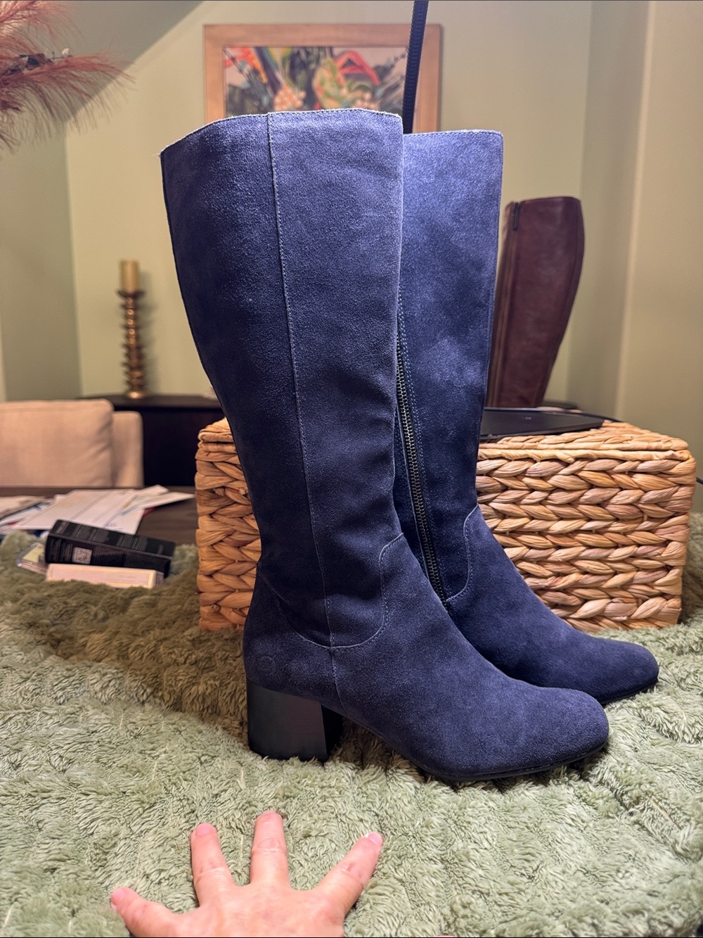 Born Navy Suede Mid-Calf Block Heel Boots